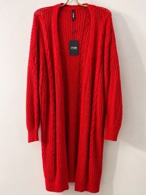 NWT STYLEWE Red Cable Knit Long Open Cardigan - Size XL
